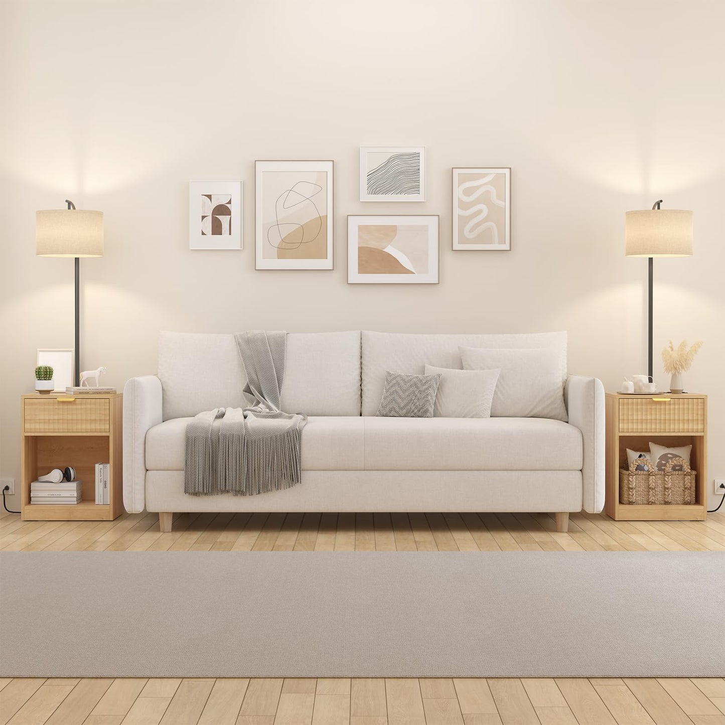 TVU Floor Lamp with Table & Drawers, End Table with Lamp and Charging Station, Modern Fluted Side Table Lamp with 3 Color Temperature Led Bulb, Floor Lamps for Living Room, Natural