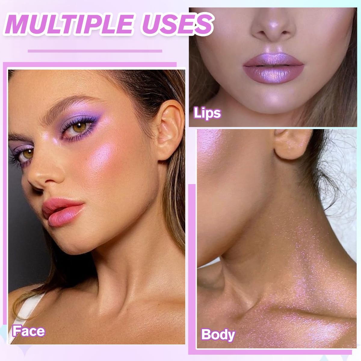 Highlighter Makeup Palette, Long Lasting New Formula, Translucent Purple Shimmer, Sheer White Base, Ideal for Face and Body Cont