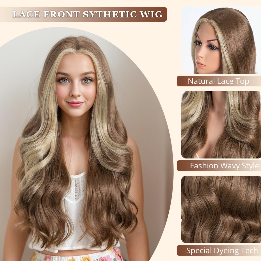 Style Icon HD Lace Front Wig 26 Inch Long Body Wave Wigs Highlight Beige Brown Color Synthetic Fiber Pre Plucked Baby Hair Centr