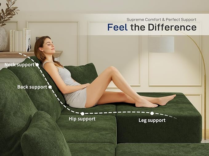 Cloud Modular Sectional Sofa, Comfy Boneless Couch for Living Room, Modern L-Shaped Couch with Reversible Chaise, Customizable Sleeper Sofa with Non Slip, No Assembly & Deep Seat, Green