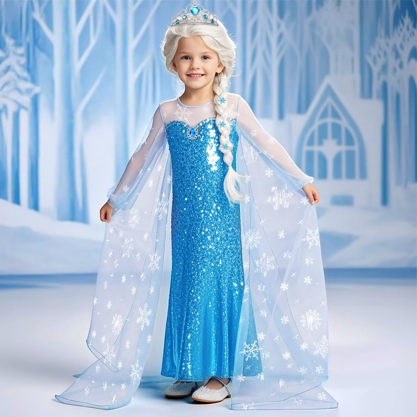 G.C Girls Princess Dress Costume with Wig Cape Toddler Princess Dress Up Outfit Kids Crown Jewelry Halloween Cosplay Birthday Gifts
