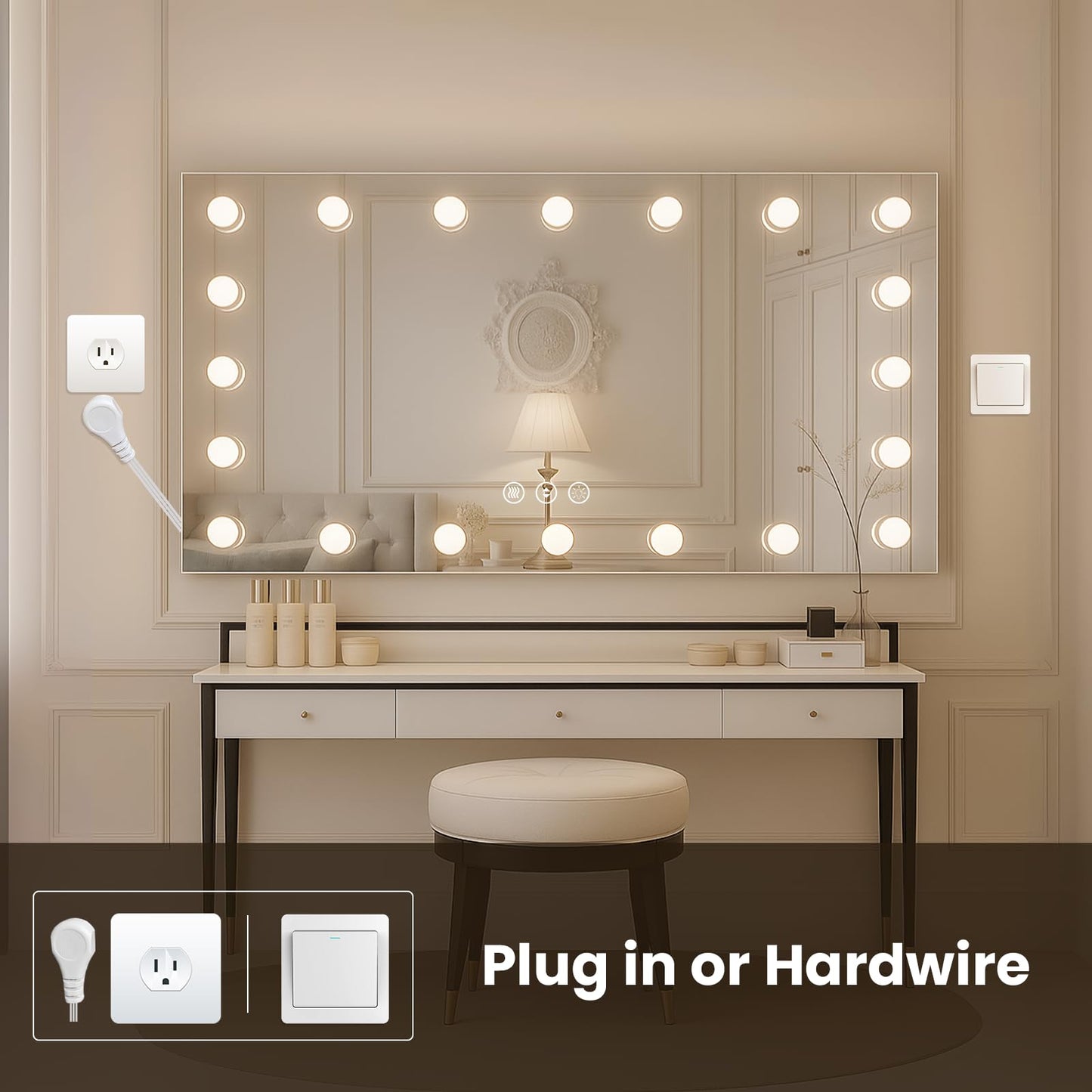 WTTY 96"x36" Hollywood Vanity Mirror with Lights, Wall-Mounted Makeup Mirror with 3 Color Temperatures, Stepless Dimmable Bulbs, Anti-Fog & Shatter-Proof