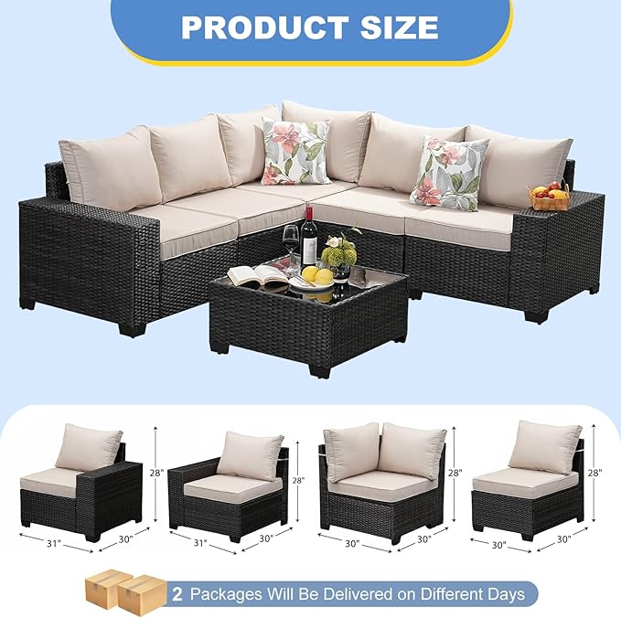 SunloungeCo Patio Furniture Set, 6 Pieces Outdoor Couch Sofa with Wider Armrests & Glass Coffee Table, Outdoor Sectional Furniture with Thick Cushions for Party, Poolside,Garden-Beige