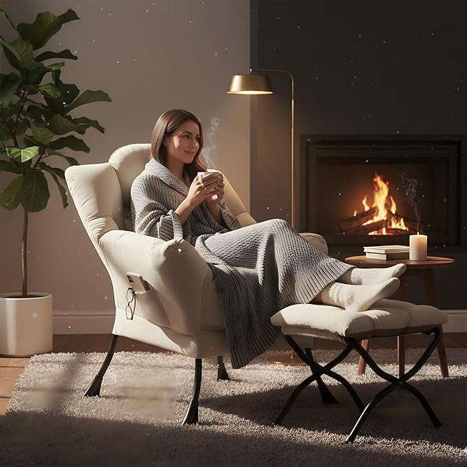 Furlide Lazy Chair with Ottoman, Comfy Fabric Accent Lounge Arm Chair with Lumbar Pillow and Folding Footrest, Reading Leisure Sofa Chair for Bedroom, Living Room, Dorm,Beige