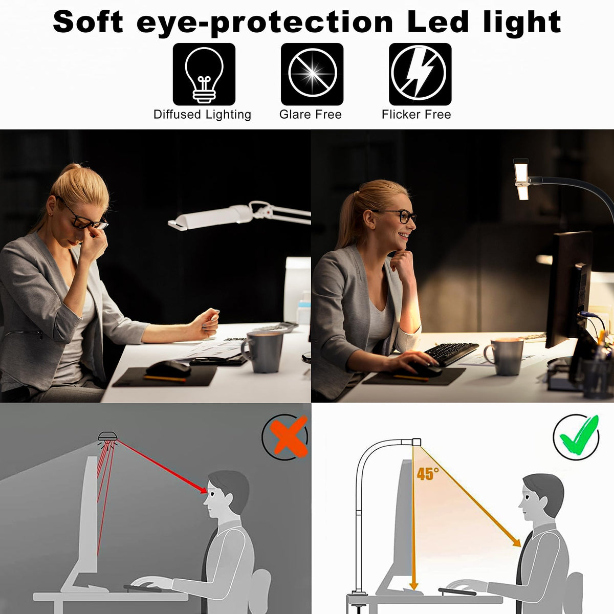 MYSFUL LED Desk Lamps with Clamp, Adjustable & Dimmable Desk Lamps for Home Office, Tall Desk Lamp for Workspaces, Bright LED Desk Light for Study, Workbench Light for Computers (360 Degree Rotation)