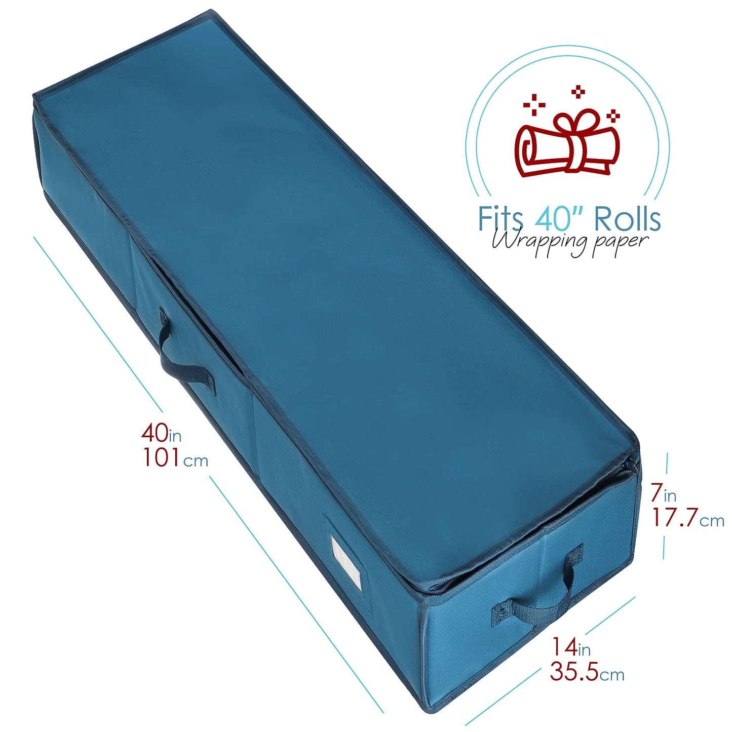 Hearth & Harbor Wrapping Paper Storage Container - Christmas Storage Bag with Ribbon Dispenser and Interior Pockets - Gift Wrap Organizer Fits Up to 26 Rolls of 40" Length, Blue