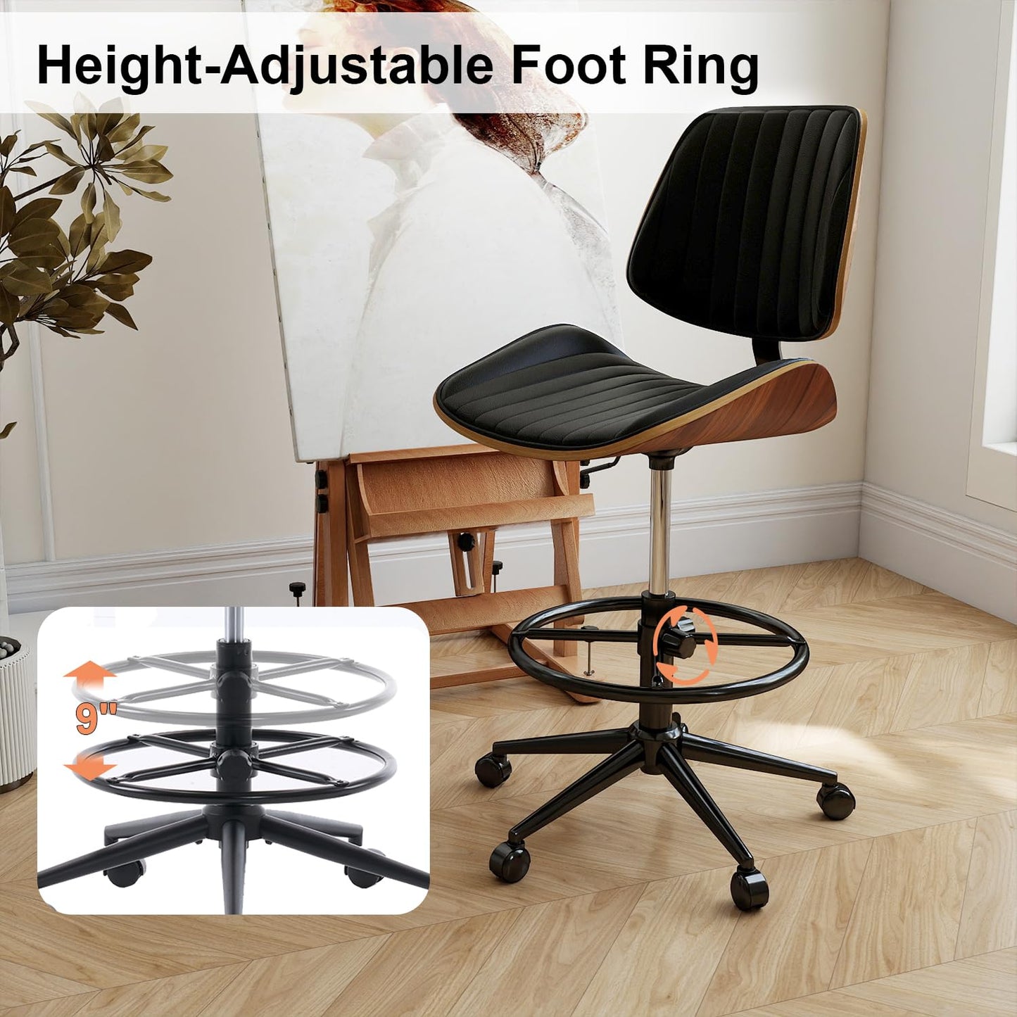Rongbuk Drafting Chair, Ergonomic Office Chair with Walnut Wood Back Support, Armless PU Leather Desk Chair with Height-Adjustable, Thick Cushion for Home, Bar, Drafting, Office (Black)