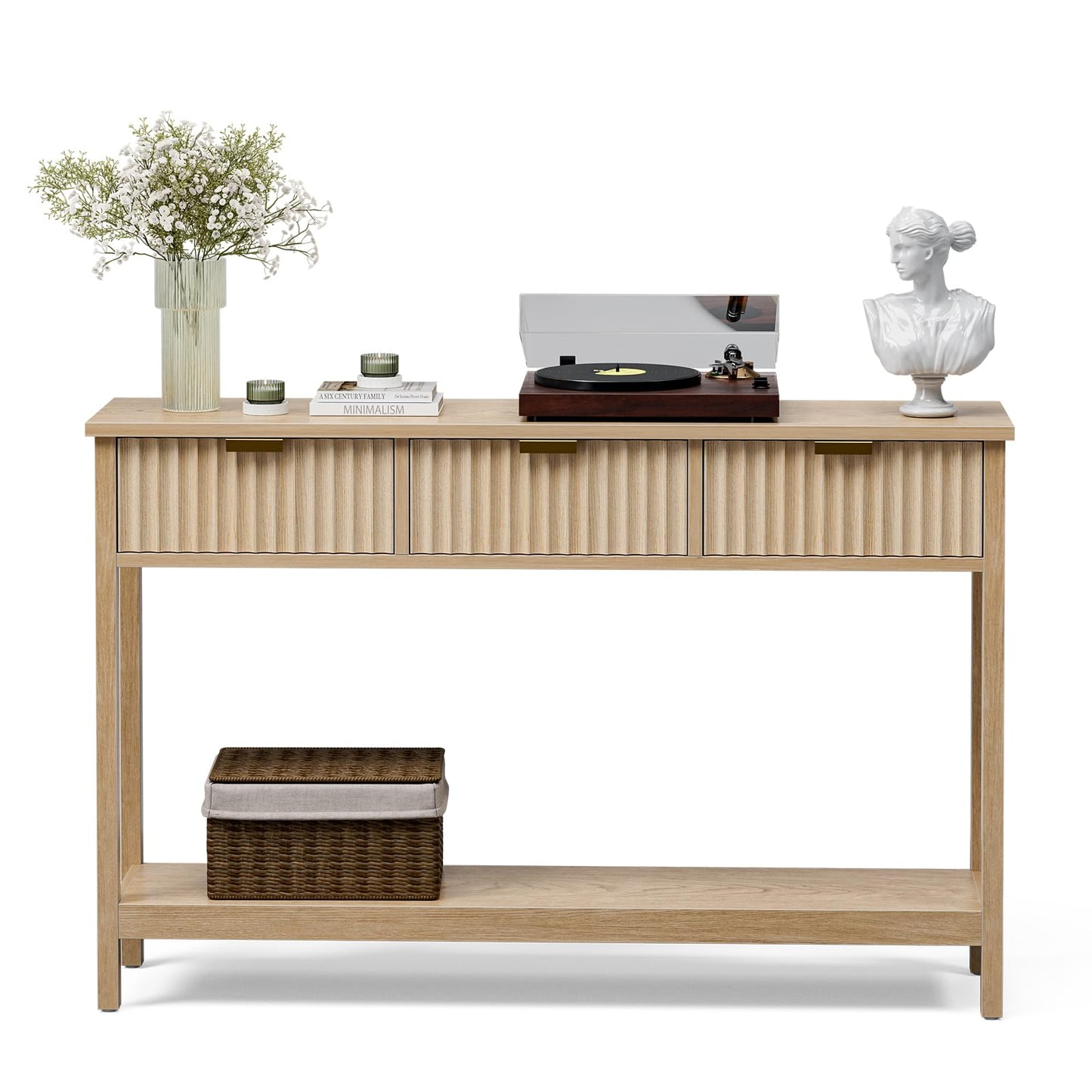 LCRBOL Console Table with Storage, Boho Entryway Table with 3 Fluted Drawers and Shelf, Sofa Table for Living Room, Entryway, Hallway, Natural
