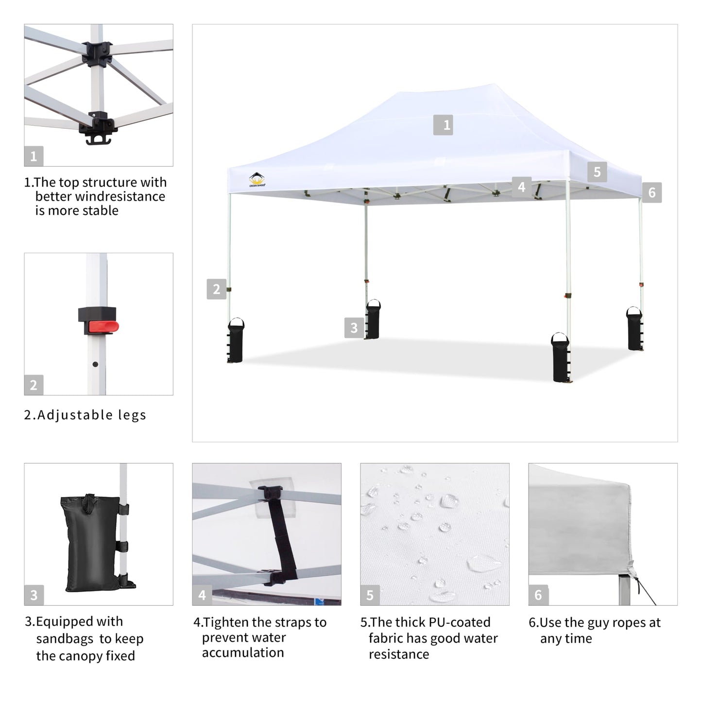 CROWN SHADES 10x15 Pop Up Canopy Tent, Thicken Frame Commercial Heavy Duty Tent, 8 Stakes & 4 Sandbags & 4 Ropes, Outdoor Canopies for Events, Parties,White