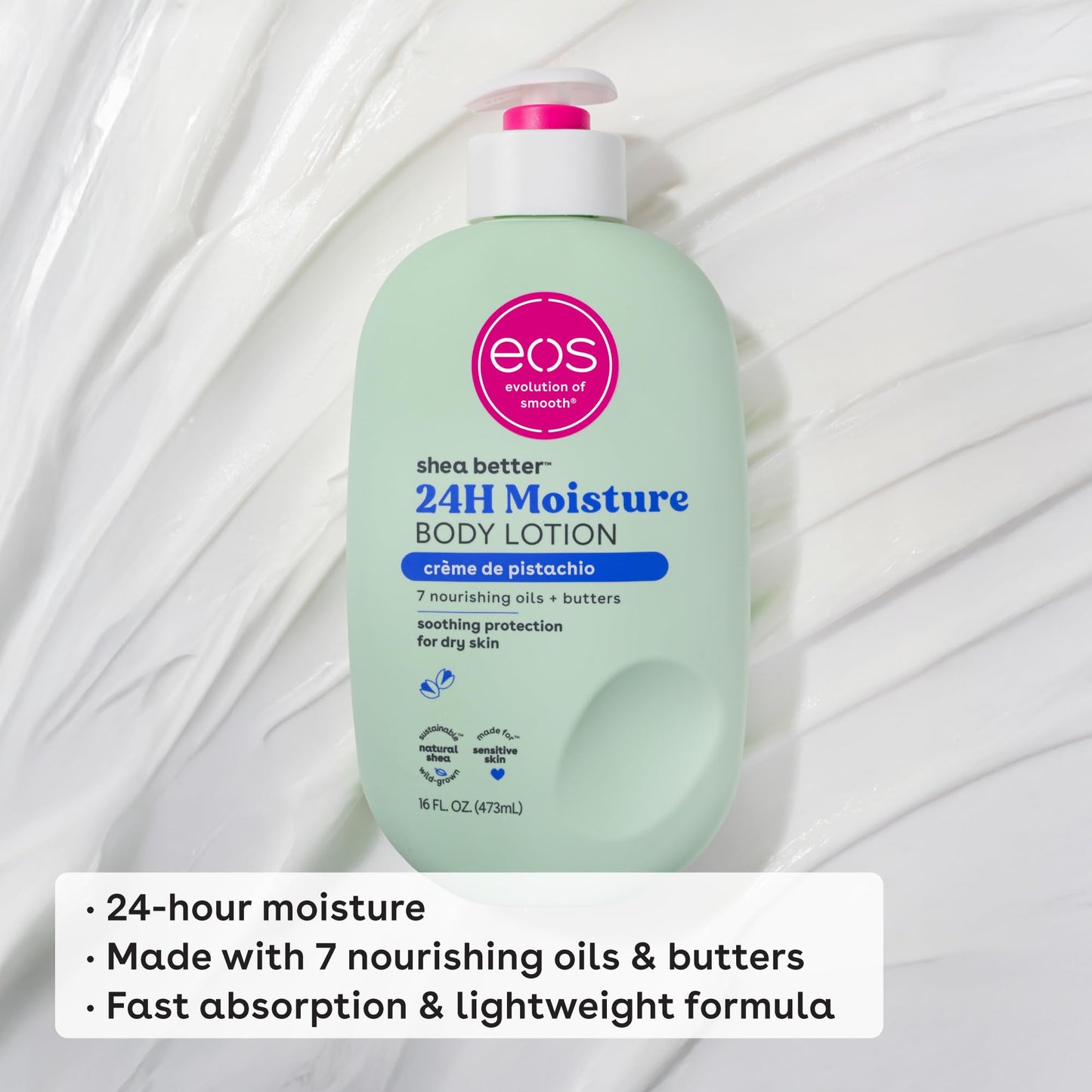 eos Shea Better Body Lotion- Crme de Pistachio, 24-Hour Moisture Skin Care, Lightweight & Non-Greasy, Made with Natural Shea, Ve
