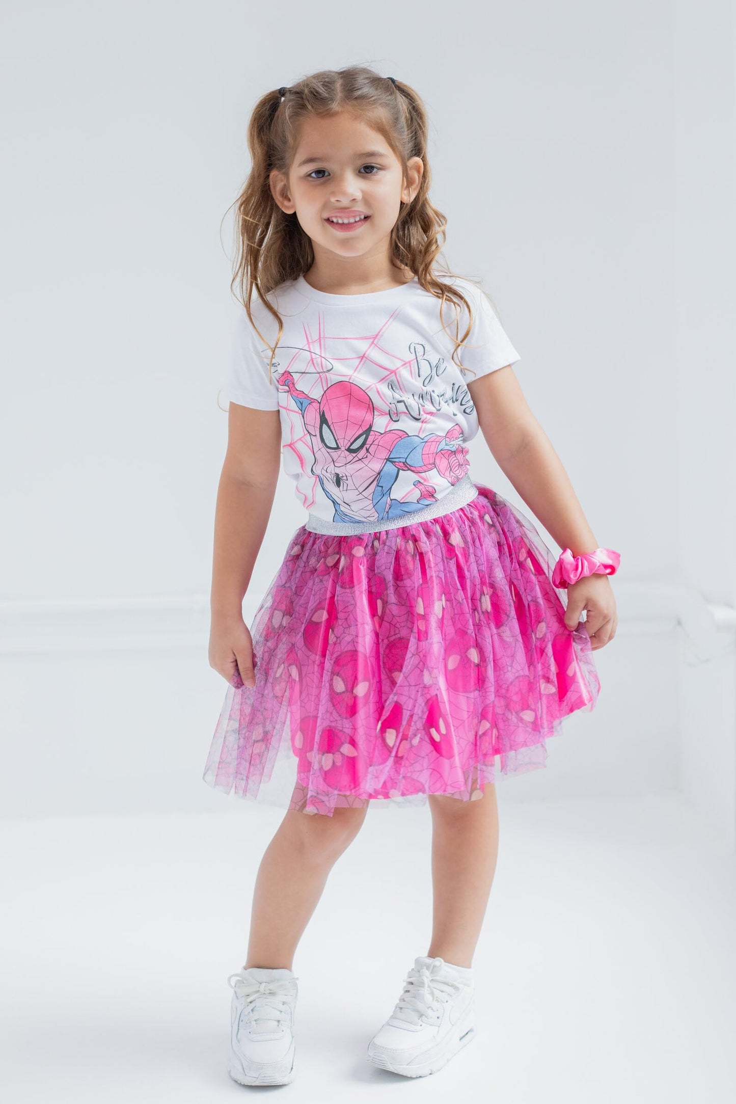 Marvel Spider-Man Toddler Girls T-Shirt Tulle Mesh Skirt and Scrunchie 3 Piece Outfit Set White/Pink 2T