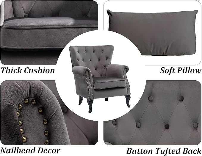 DM Furniture Mid Century Accent Chair Modern Button Tufted Armchair Wingback Club Chair Velvet Single Sofa Lounge Chair with Pillow for Living Room Bedroom, Grey