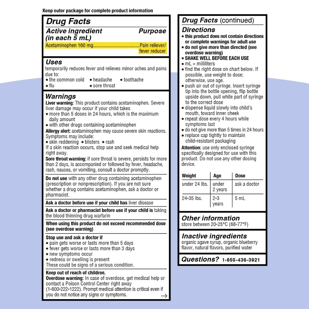 Genexa Infants' Clean Acetaminophen | Pediatrician Preferred Ingredients | Pain Reliever & Fever Reducer for Babies | Dye Free, 0% Artificial Additives | Organic Blueberry Flavor, 4 fl oz (2 Pack)