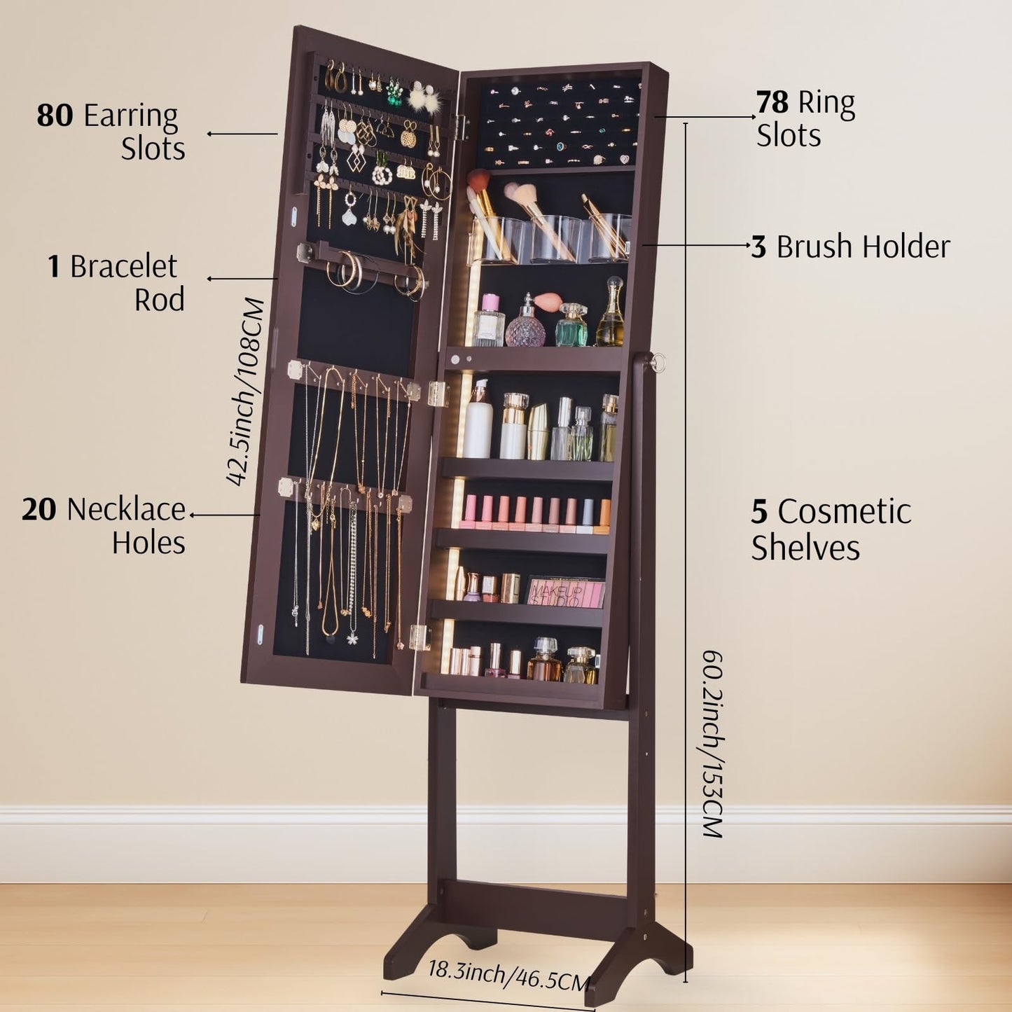 BTEXPERT Large Storage Jewelry Organizer with Frameless Mirror Free Standing Jewelry Armoire Cabinet (Brown)
