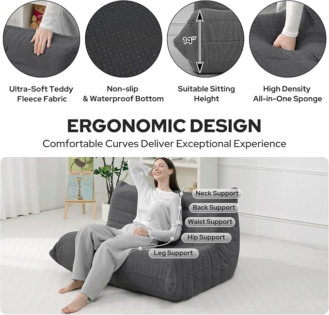 HABUTWAY Bean Bag Chairs Fireside Lazy Floor Sofa, Soft Teddy Fleece 2 Seater Sofa with High-Resilience Foam Filling，Beanbag for Living Room, Bedroom, Office (Dark Grey Teddy)