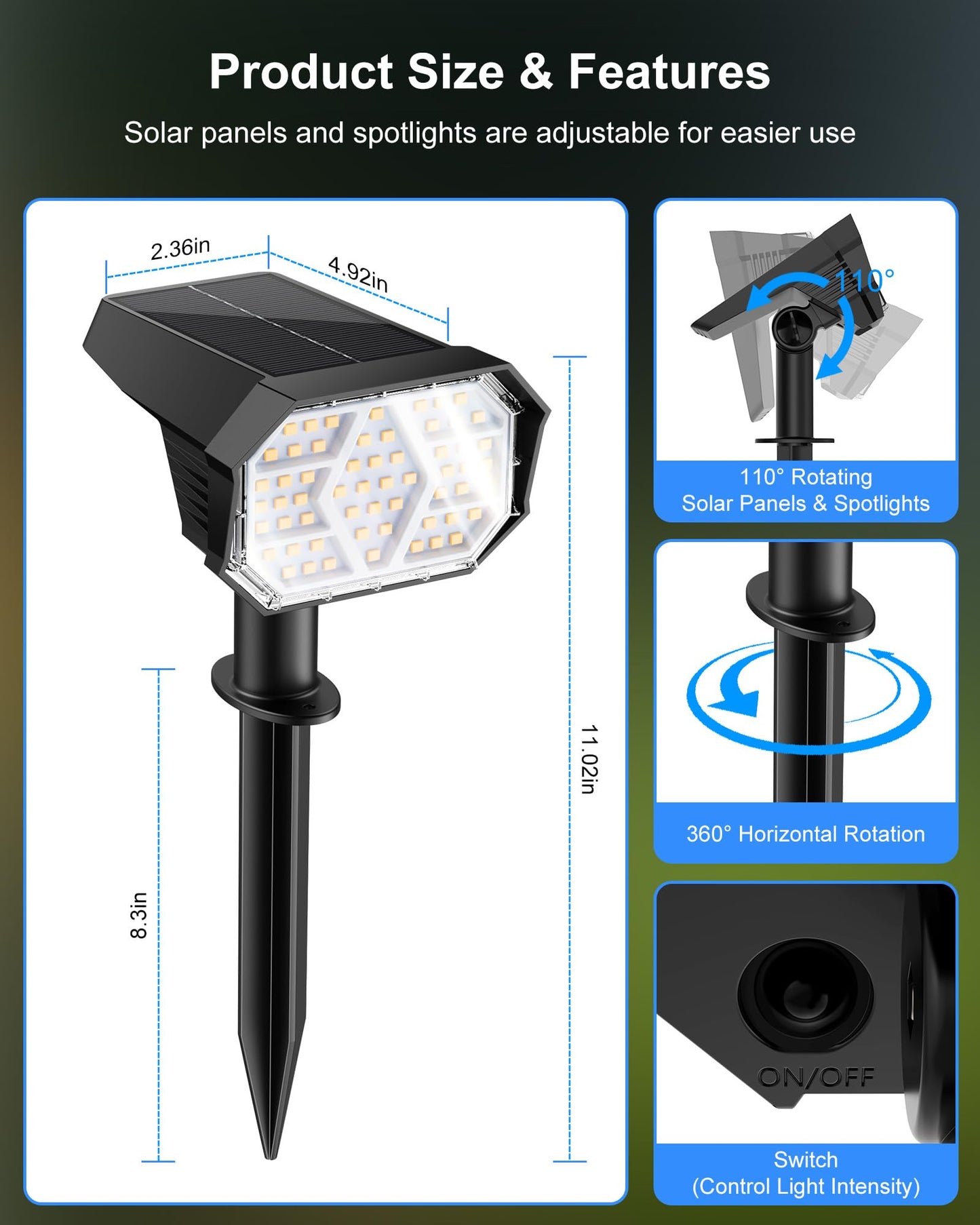 Brightown Solar Lights Outdoor with 58 LED & Auto ON/Off, IP67 Solar Spot Lights Outdoor with 3 Light Intensities. 2-in-1 Outdoor Solar Lights for Yard, Gardens, Flag and Pathways. 4Pcs (Warm White)