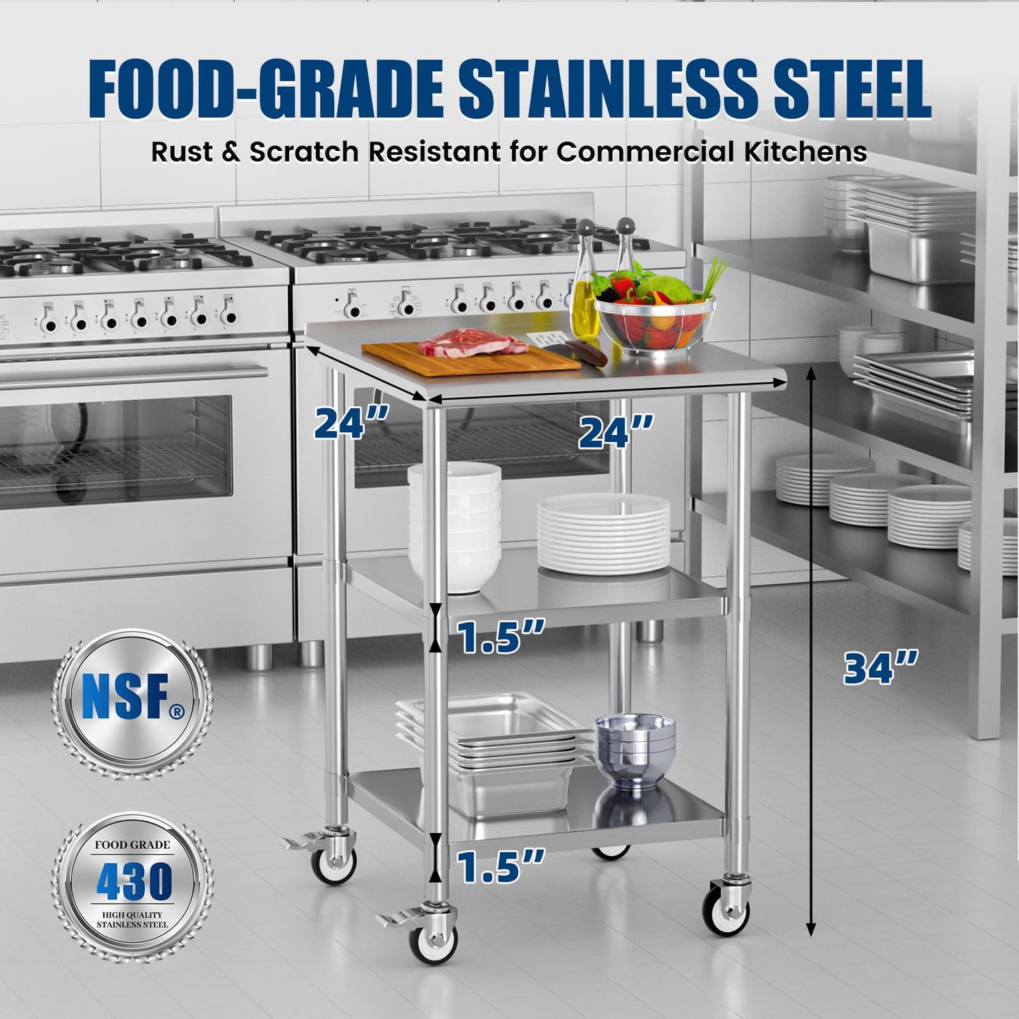 Chingoo Stainless Steel Work Table with Wheels, 24x24 Inch NSF Food Prep Table with Backsplash & 2 Adjustable Undershelves for Commercial Kitchen, Restaurant, Garage
