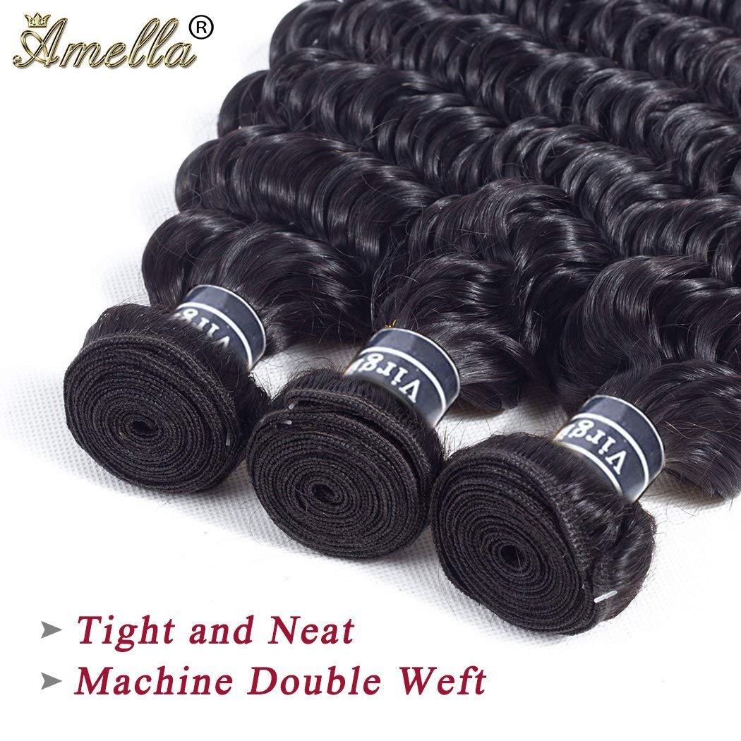 Amella Hair Deep Wave Bundles With Closure Brazilian Virgin Hair Deep Curly 3 Bundles With Lace Closure Free Part 100% Unprocess