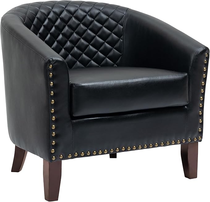 UIXE PU Leather Accent Chair, Barrel Club Chair Modern Upholstered Armchair for Living Room, Comfy Nailed Trim Arm Chair Bedroom Reading Seat, Black