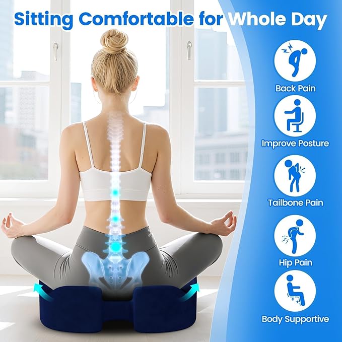 SofterCharm Seat Cushion with Carry Handle, Memory Foam for Tailbone/Sciatica Easing, Chair Cushions for Cars, Desks, Office Chair Cushion with Non-Slip Design, Ideal for Post-Surgery Recovery (Blue)