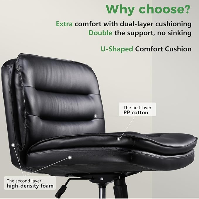 GTRACING Criss Cross Legged Office Chair with Wheels, Extra Wide Armless Comfy Desk Chair for Home Bedroom, 2 Layer Cushion Large Seat & Back Support X-Legged Chair, Black PU Leather Adjustable Height
