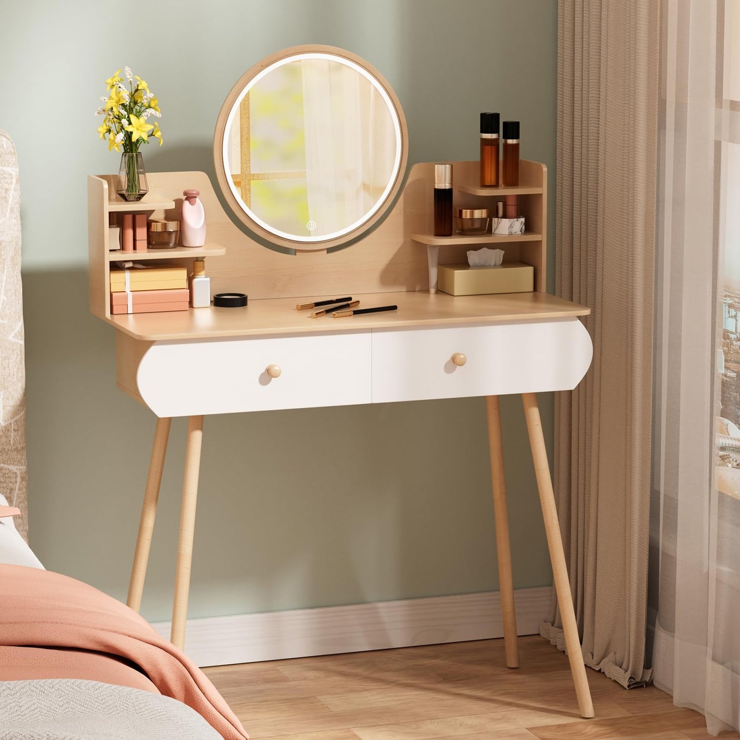 yoakaiax Vanity Mirror with Lights Makeup Vanity Desk with LED Lighted Mirror, Dressing Table with 2 Drawers and Opening Shelves, Bedroom Dressing Table, 3 Modes Brightness Adjustable Wooden Color