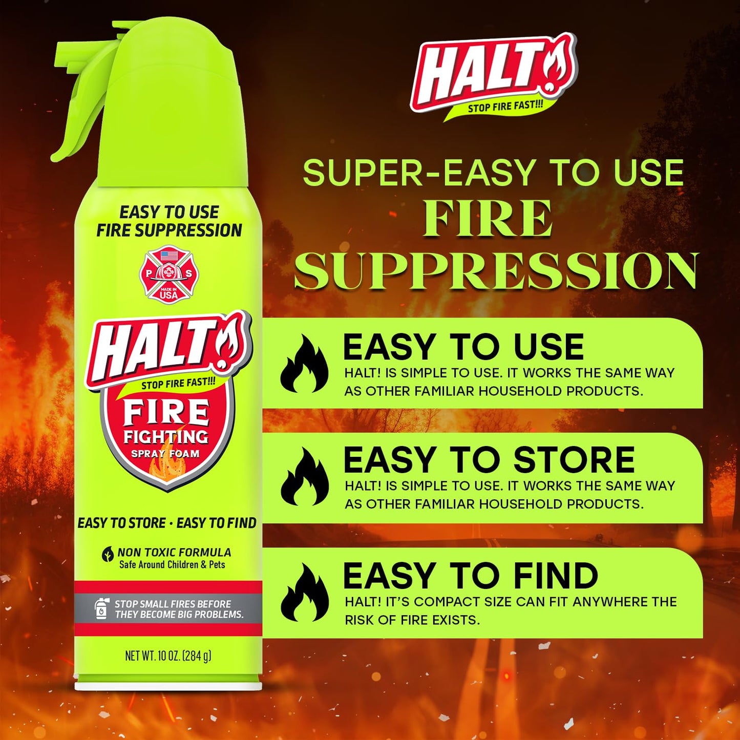 HALT! 10oz Fire Safety Spray – Non-Toxic, PFAS-Free Handheld Fire Suppressor – Easy to Use, Store & Find – Compact & Portable for Home, Kitchen, Car, BBQ, Camping & Tailgate – Made in USA (2pk)