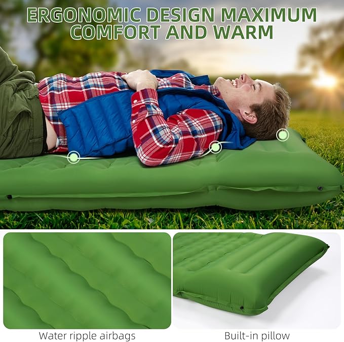 Camping Sleeping Pad, Extra Thick 5 Inch Camping Mat with Pillow, Built-in Foot Pump Inflatable Sleeping Pads Compact for Camping Backpacking Hiking Traveling Tent as Camping Essentials（Green）