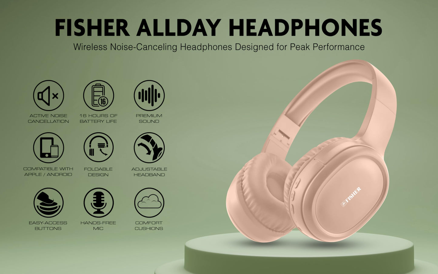 Fisher Active Noise Cancelling Headphones, Over Ear Wireless Bluetooth 5.3 w Microphone, Lightweight Comfortable Headset for Home Travel, 16H Playtime, Rechargeable, Hi-Res Sound Audio, Deep Bass