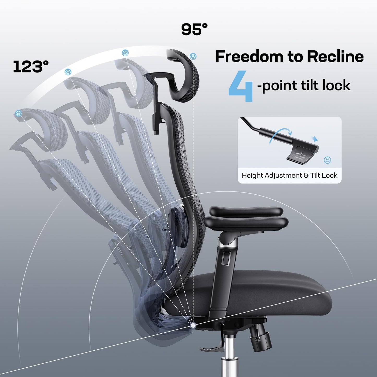 Marsail Ergonomic Office Chair with 6D Armrests, Ergonomic Chair with 3D Adjustable Headrest, Slide Seat, Lumbar Support, and 4-Position Tilt Lock – Big and Tall Office Chair with 330 lbs Capacity