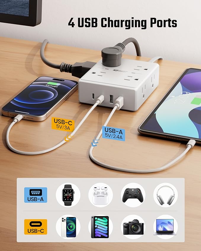 15Ft Long Extension Cord, Surge Protector Power Strip with 8 Outlets & 4 USB Ports (2 USB C), Flat Plug Power Strip Wall Mountable, Desk Charging Station for Home Office, College Dorm Room Essentials