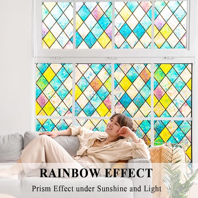Colorful Stained Glass Window Film 3D Prism Sliding Door Privacy Covering Static Cling Church Tint Decorative Suncatcher Cover Decal No Glue Heat Cotrol Anti Glare Removable Home Office,45.2x157in.