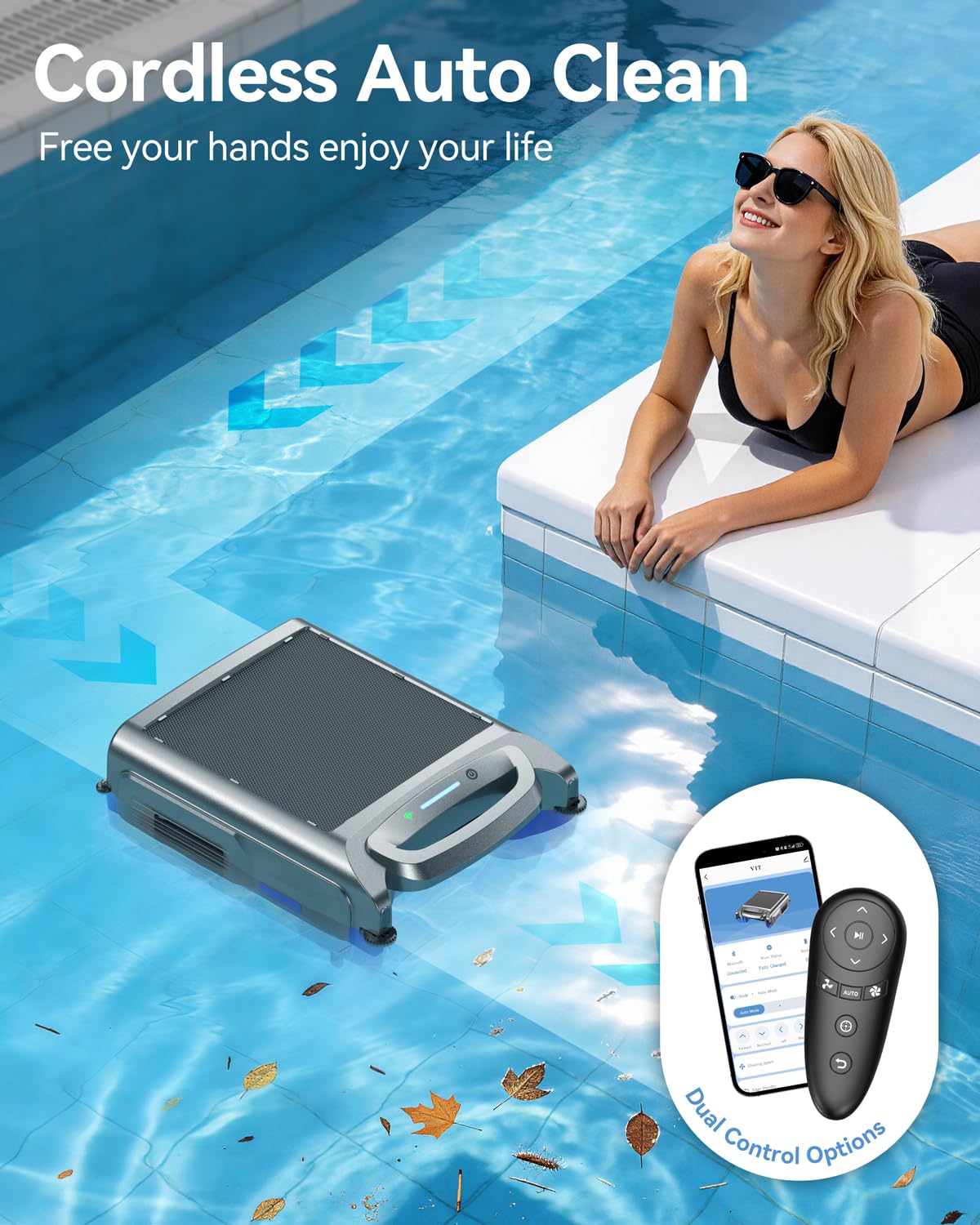Poofata 2026 New V1T Solar Pool Skimmer, Robotic Pool Surface Skimmer Cleaner with App Control, 7L Large Basket 24/7 Cleaning Smart Obstacle Avoidance Dual Charging Options Ideal for Above Ground Pool