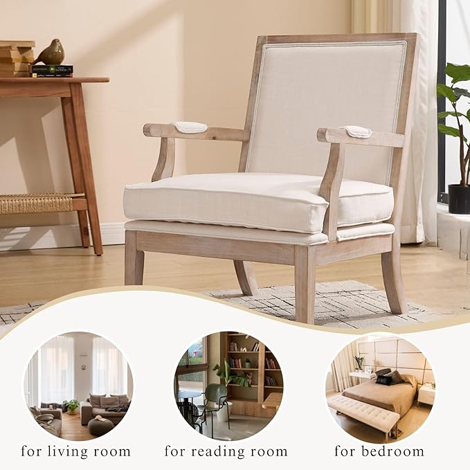 DM Furniture Mid Century Modern Accent Chair Upholstered Living Room Chairs with Armrest Linen Fabric Comfy Lounge Armchair Retro Solid Wood Reading Chair for Bedroom, Guest Room, Balcony, Beige