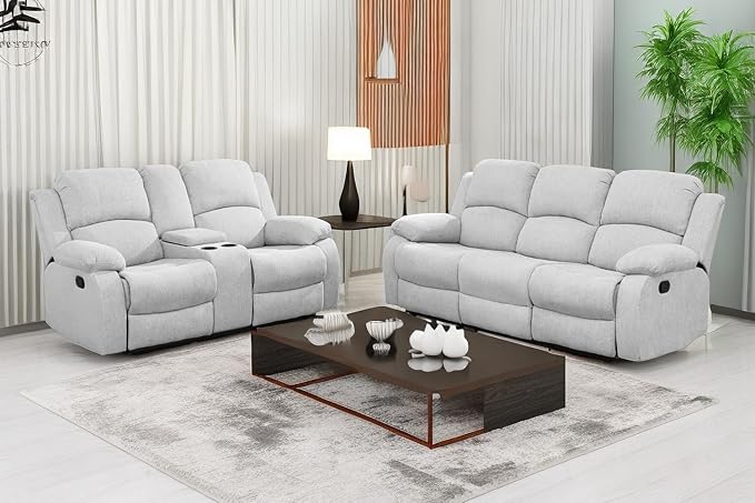 A Ainehome Living Room Furniture Set Leather Recliner Sofa Set Loveseat Chair Furniture Sofa Set for Living Room/Small Space/Rv/House/Office/Theater Seating (A-Grey White Microfiber, Sofa+Loveseat)