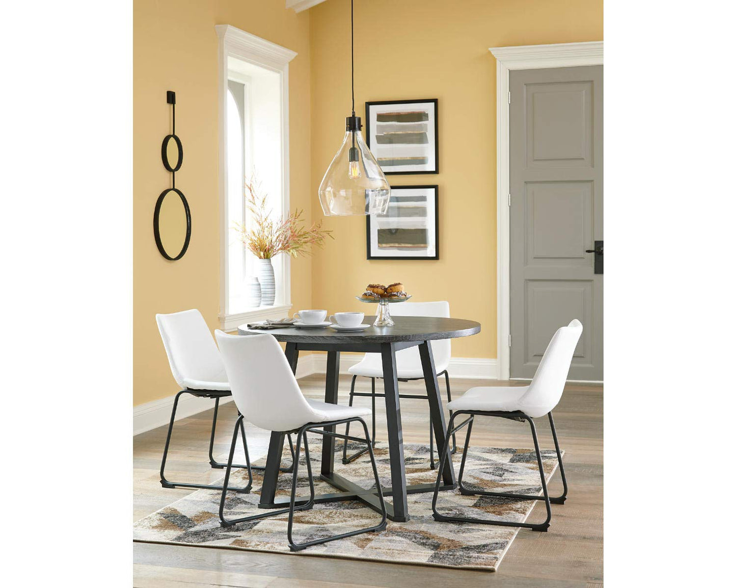 Signature Design by Ashley Centiar Mid Century Round Dining Room Table with Metal Legs, Gray & Black