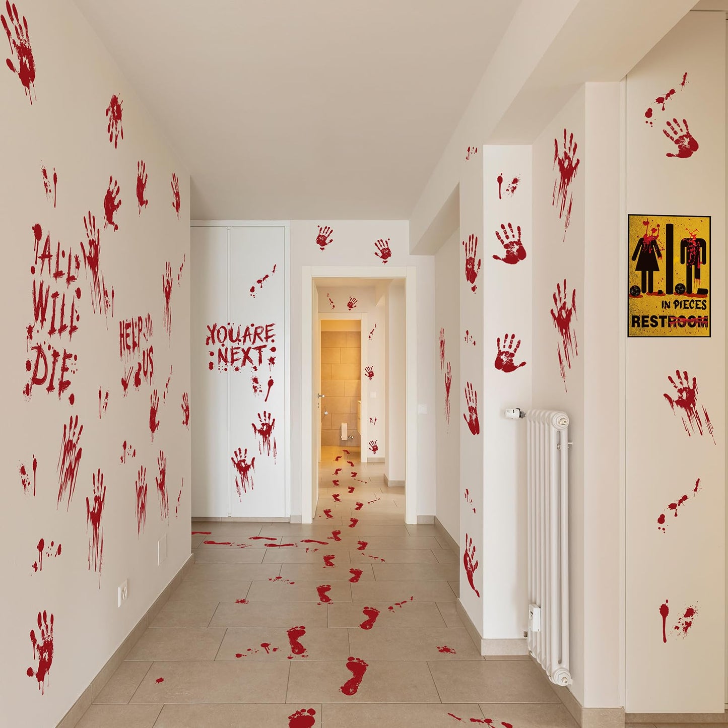 Halloween Clings- Bloody Handprint Footprint Floor Stickers, Scary Halloween Party Decor for Windows and Cars, Indoor/Outdoor Use - 12 Sheets