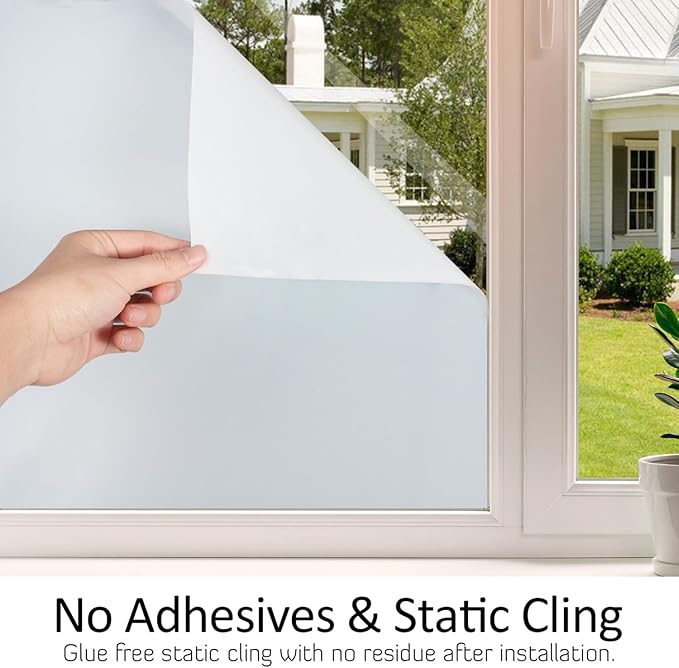 HIDBEA Frosted Window Privacy Film Heat Control UV Blocking, Static Cling Non-Adhesive Reusable Door coverings for Bathroom Home Office (White Frosted 17.3 Inch x 13.1 Feet)
