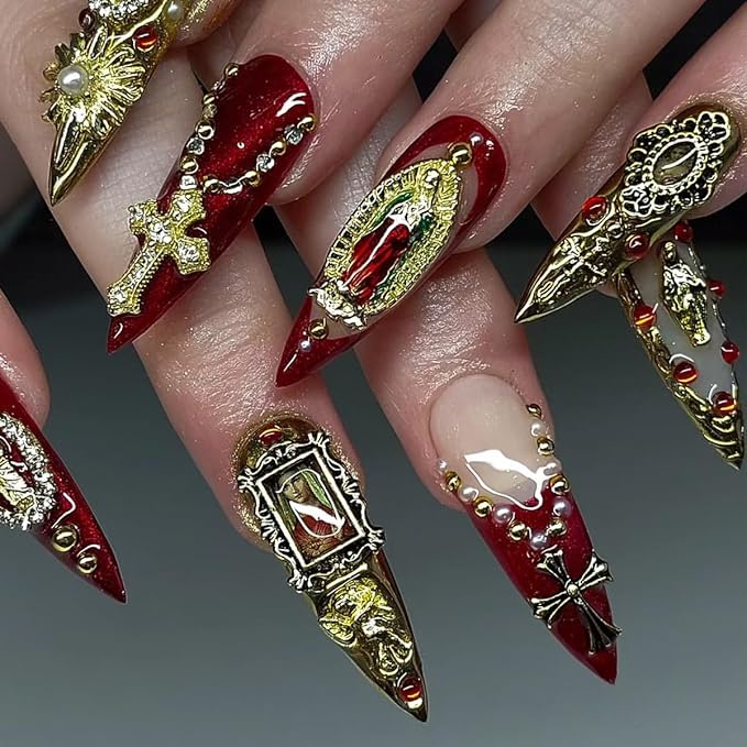 80pcs 3D Gold Nail Charms: Virgin Mary, Crosses, Roses, Bows, Hearts; Faithful Gold Metal Rhinestones for Nail Art, Special Events, Everyday Use