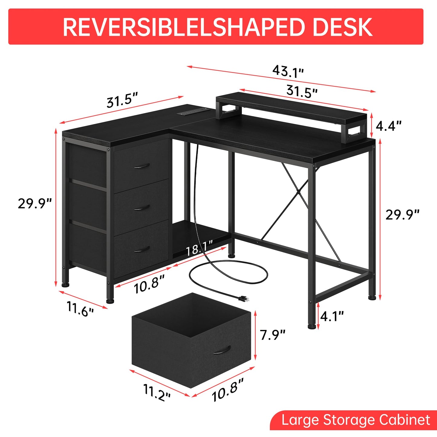 Hetoy L-Shaped Gaming Desk with Power Outlets, Corner Desk with Drawers, Shelves & LED Lights, Computer Desk for Home & Office