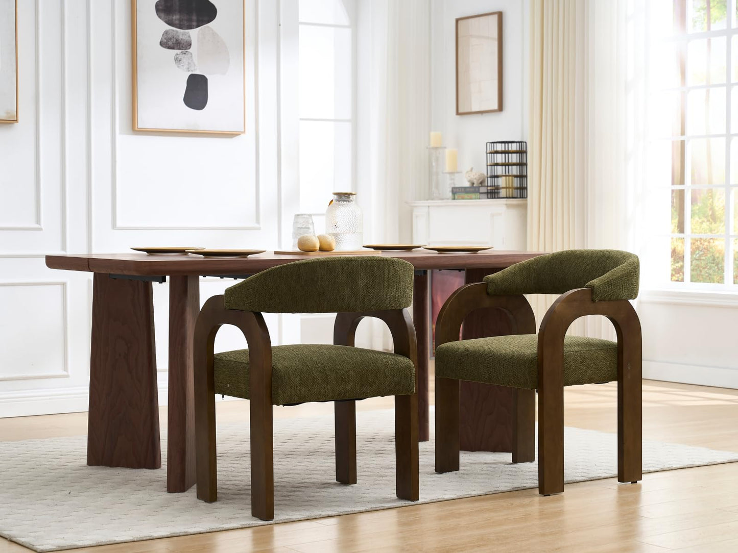 DAYALANE Farmhouse Dining Chairs Set of 2 - Upholstered Armchairs with Chenille Cushions & Curved Wooden Arms, Barrel Wood Kitchen Chairs for Dining Room/Cafe/Kitchen Island (Sage Green)