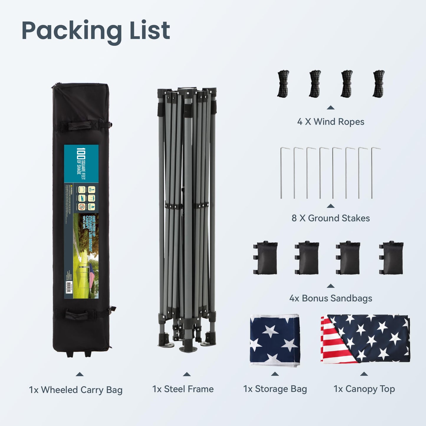 PHI VILLA 10’x10’ Pop Up Canopy Tent - One Push Setup, Instant Shade Tent with Vented Roof for Beach & Events - Includes Storage Bag, Sandbags, Stakes & Ropes (American Flag)