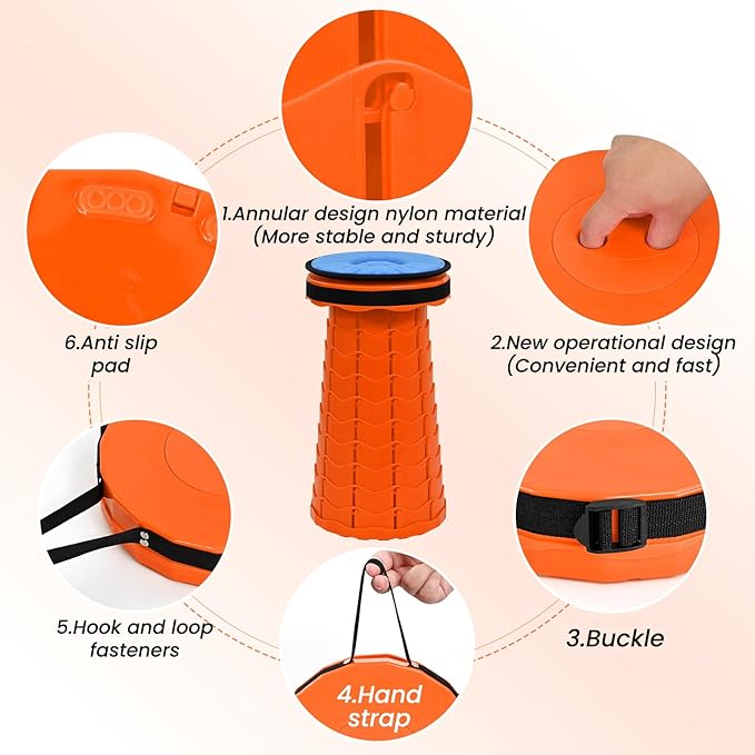 FXKS 2 Pack Upgraded Collapsible Stool Folding Stool with Cushion,Retractable Folding Stool Max Load Capacity 400lbs, Portable Telescoping Stools for Camping Hiking Outdoor BBQ -Orange