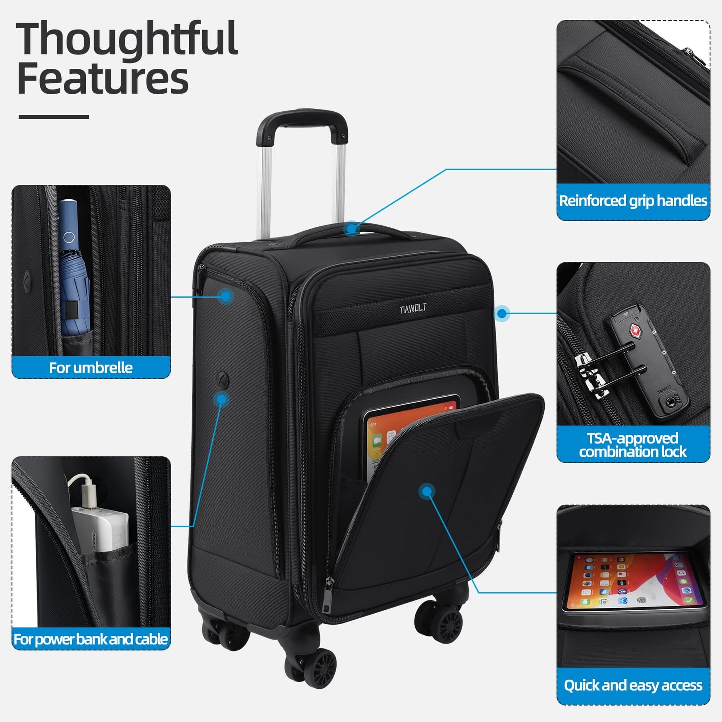 TIAWOLT Carry on Luggage with Spinner Wheels 20-Inch,Lightweight Expandable Luggage Set Carry-on Suitcase with Wheels Women Men-Black
