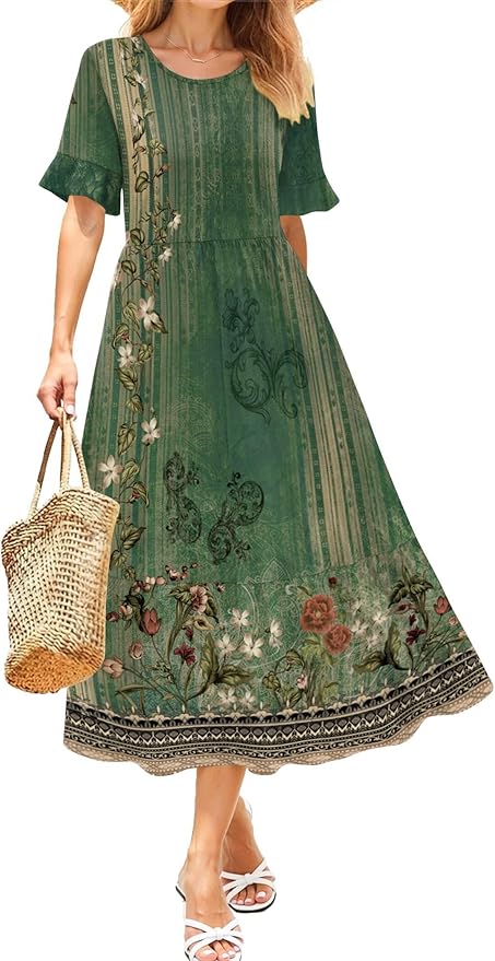 Zeagoo Womens Summer Dresses 2026 Casual Midi Dress Flowy Sundress Ruffle Short Sleeve Tiered Dresses A Line Boho Dress