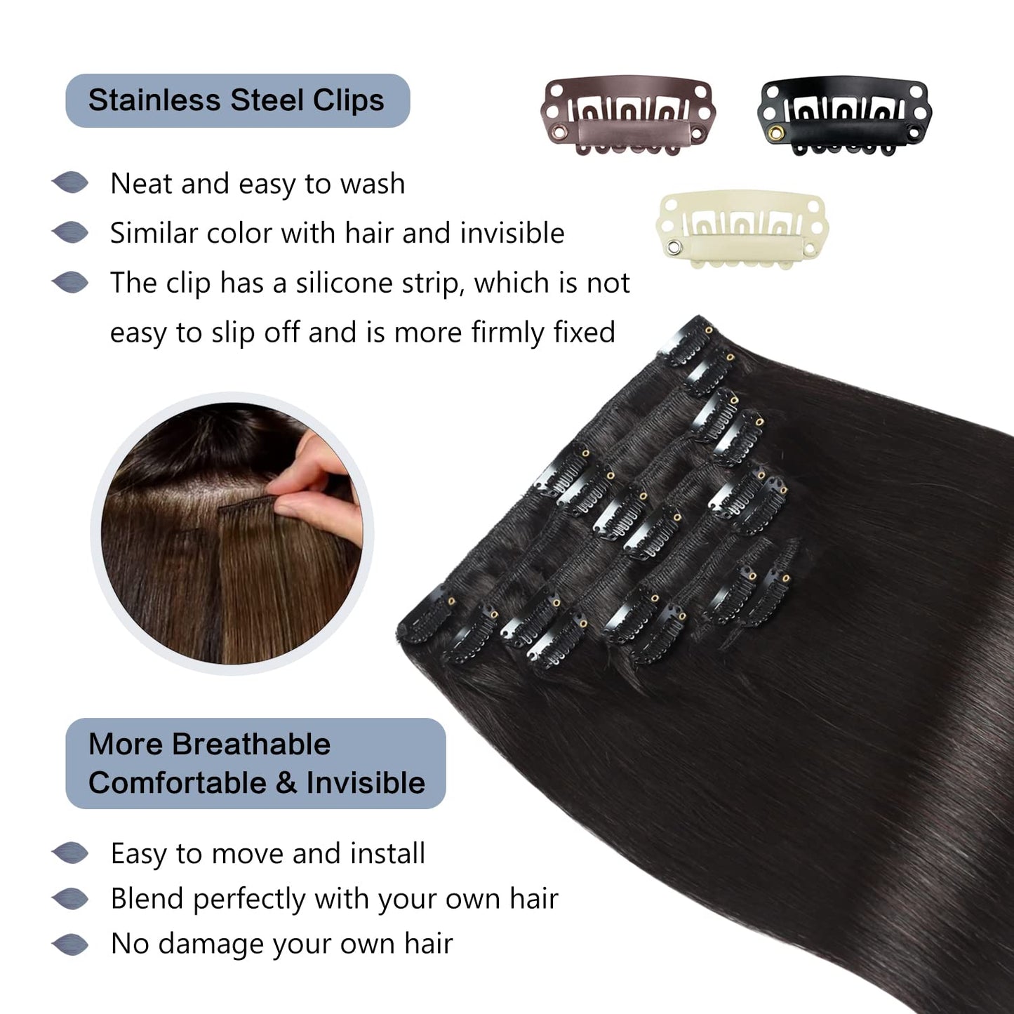 Sunya Real Human Hair Clip-in Extensions - Natural Black, Double Weft, Straight, 20 Inch #1B, 8pcs/120g