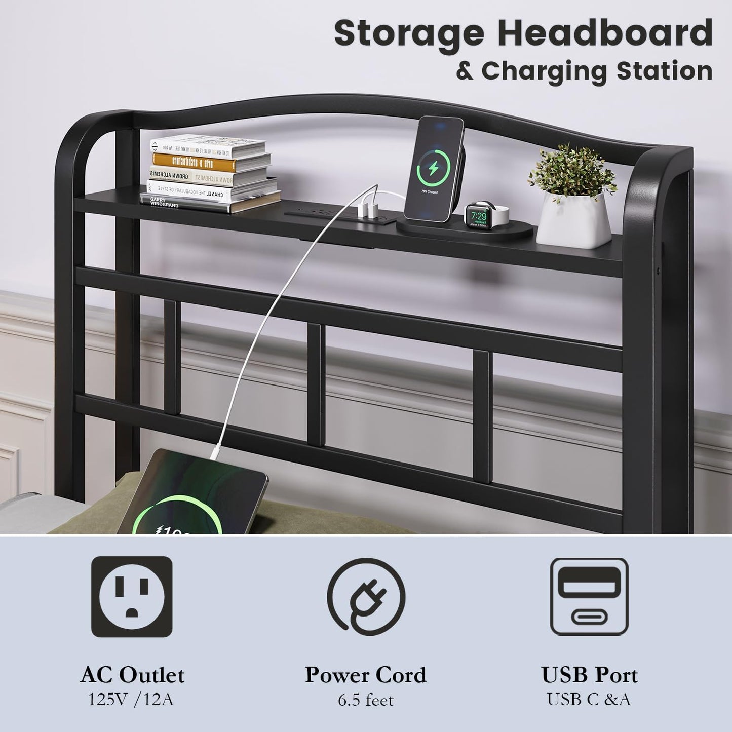 HAVONIZD Twin Bed Frame - Storage Headboard with Charging Station, 14 Inch Sturdy Metal Platform Bed Frame No Box Spring Needed, Easy Assembly, No Noise, Black