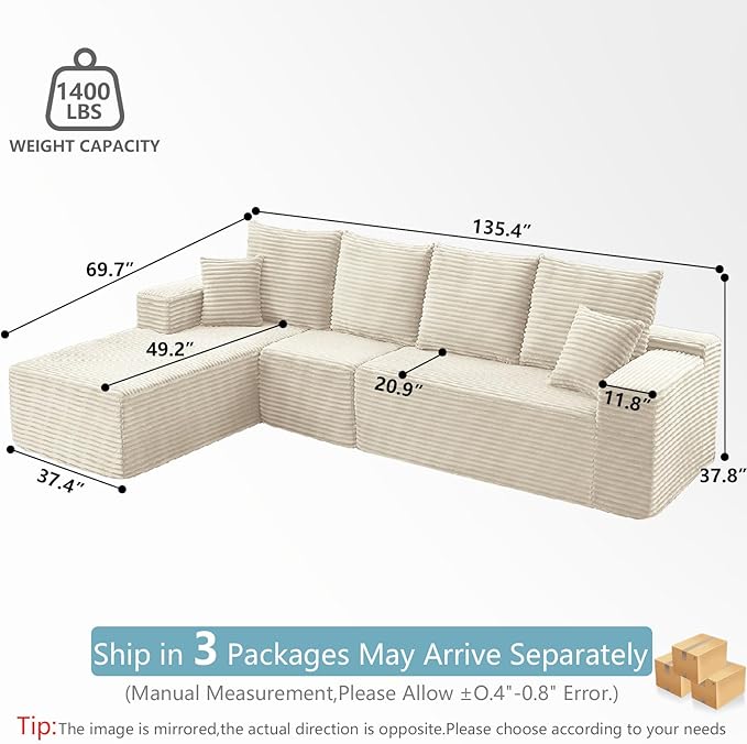 135.4" Cloud Sectional Couch with L-Shape Chaise, Modern Corduroy Boneless Couch for Living Room,Memory Foam Sofa with Deep Seat,No Assembly Required (White,Left-Facing Chaise)