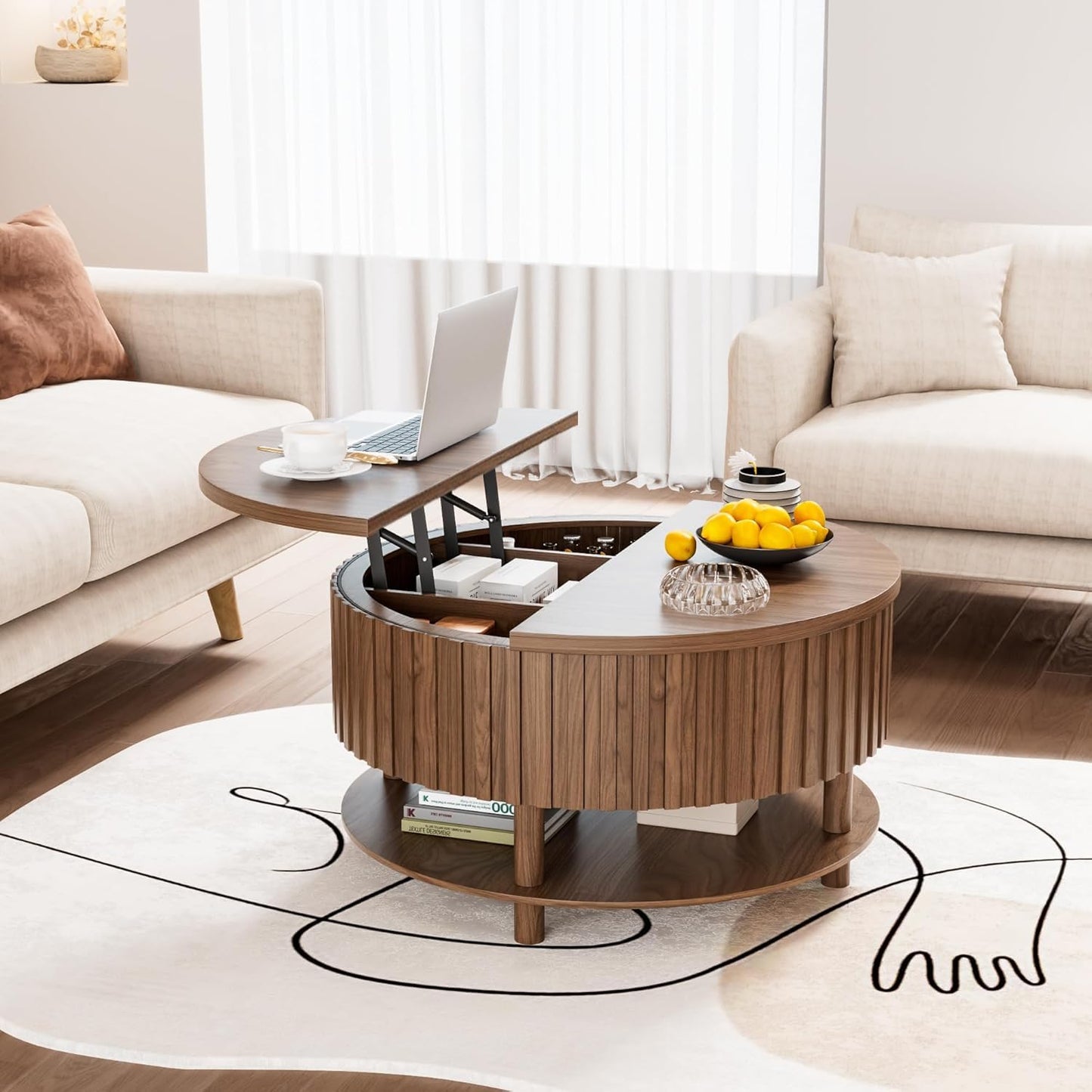 Limaoaio Round Lift Top Coffee Table with Storage, 31.5'' Modern 2-Tier Coffee Table with Hidden Storage Compartment and Open Shelf, Fluted Center Table for Living Room Home Office (Walnut)