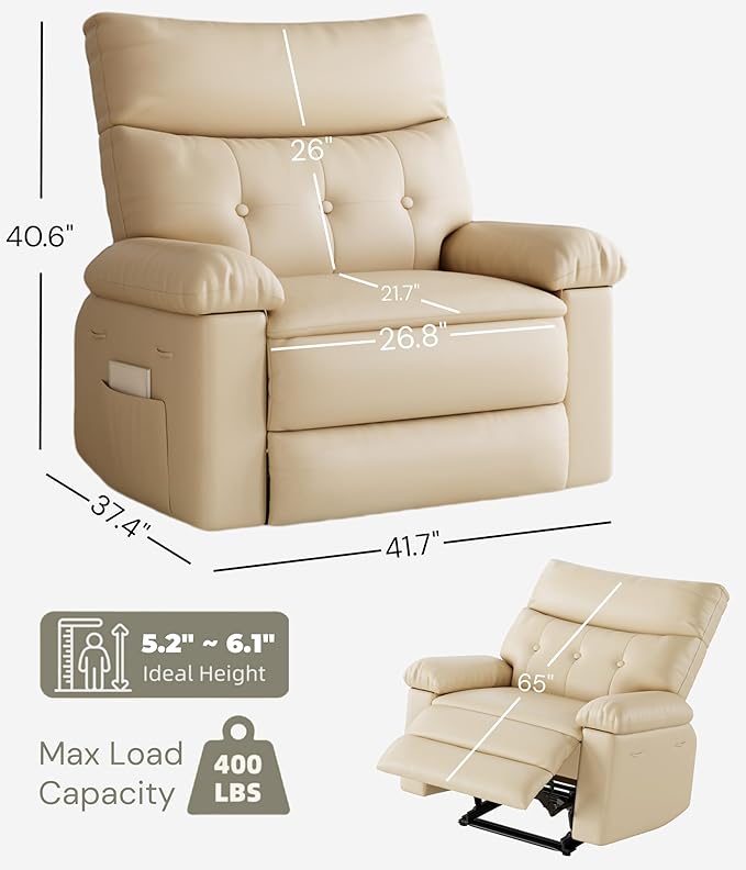 GarveeHome Oversized Wide Recliner Chair - Faux PU Leather Large Manual Recliner for Adults, Lazy Chair with 1.5X Sponge Comfort Arm and Back for Living Room, Bedroom - Cream